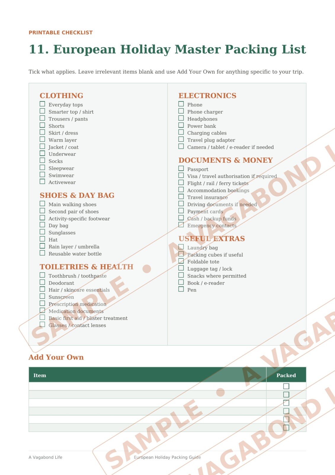 European Holiday Master Packing List