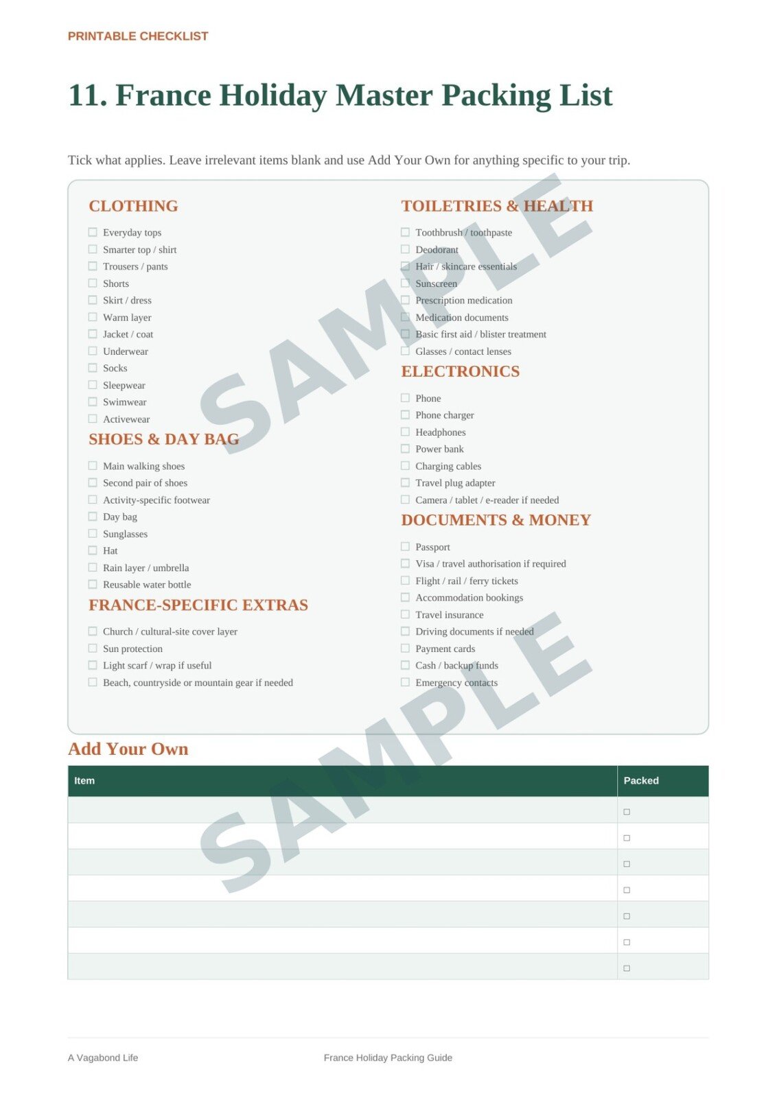 France Holiday Master Packing List