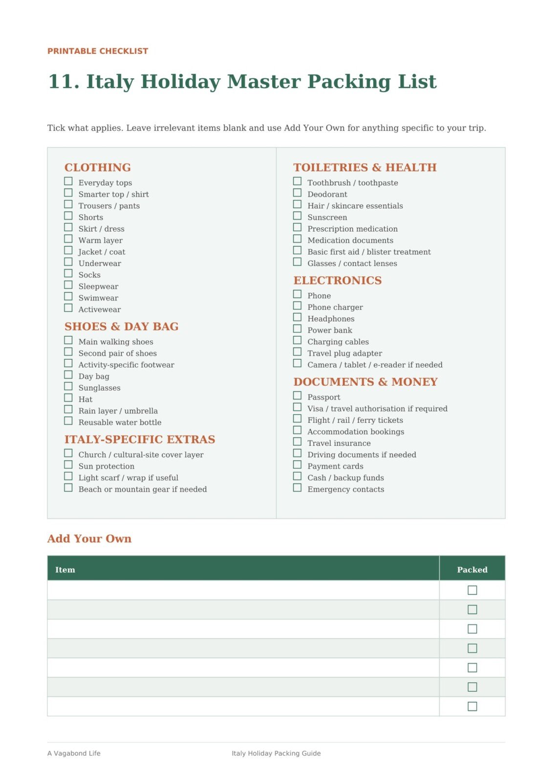Italy Holiday Master Packing List