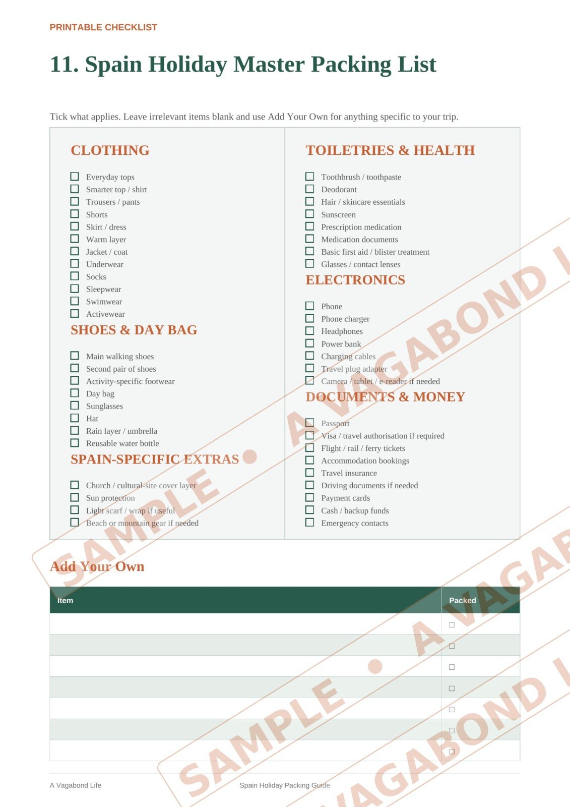 Spain Holiday Master Packing List